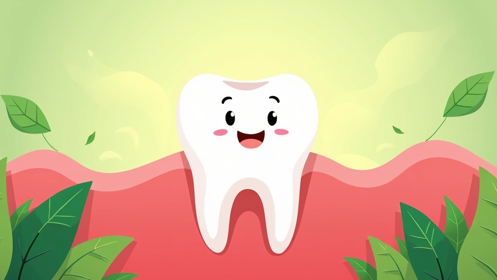 Cartoon illustration of a happy tooth surrounded by healthy gums and leafy greens, symbolizing healthy dental hygiene.