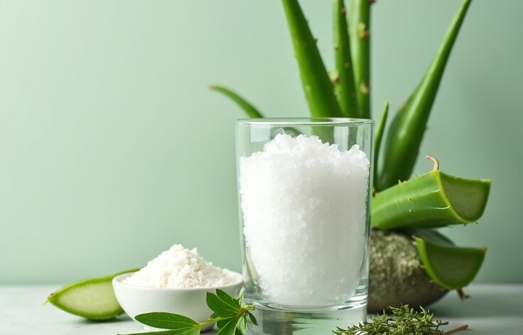 A natural setup on a countertop with a glass of salt water, aloe vera, baking soda, and some fresh green herbs, representing natural home remedies for gum health.