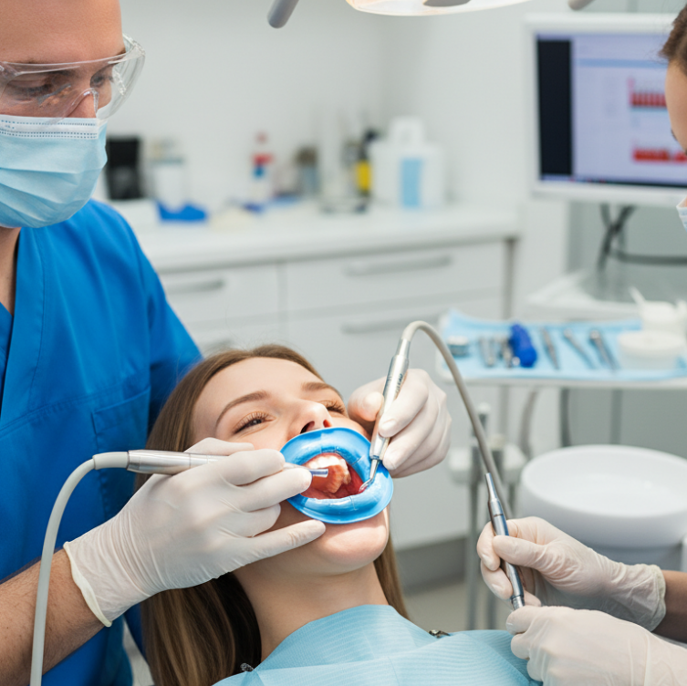 A young woman getting her teeth cleaned by her dentist.