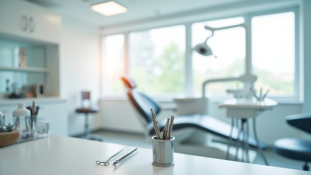 Bright, modern dental clinic room with clean dental tools, chair and dental equipment. No people present.